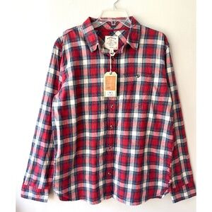 Fat Face Sz L Red Blue Plaid Long Sleeve Pockets Cotton Shirt Top Button Down